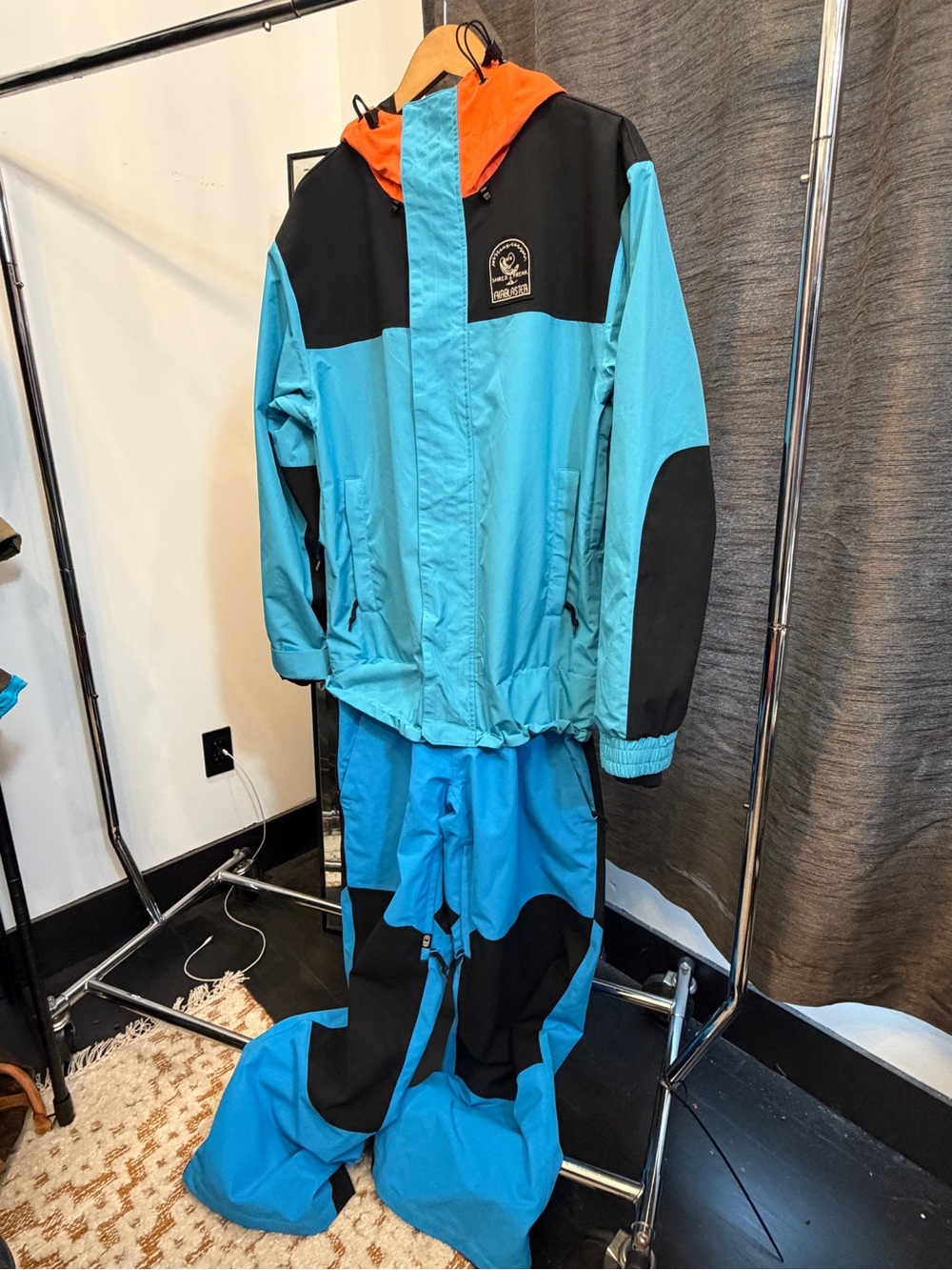 AIRBLASTER Men's Aqua & Black Ski Jacket with Orange Hood - Technical Snow Shell